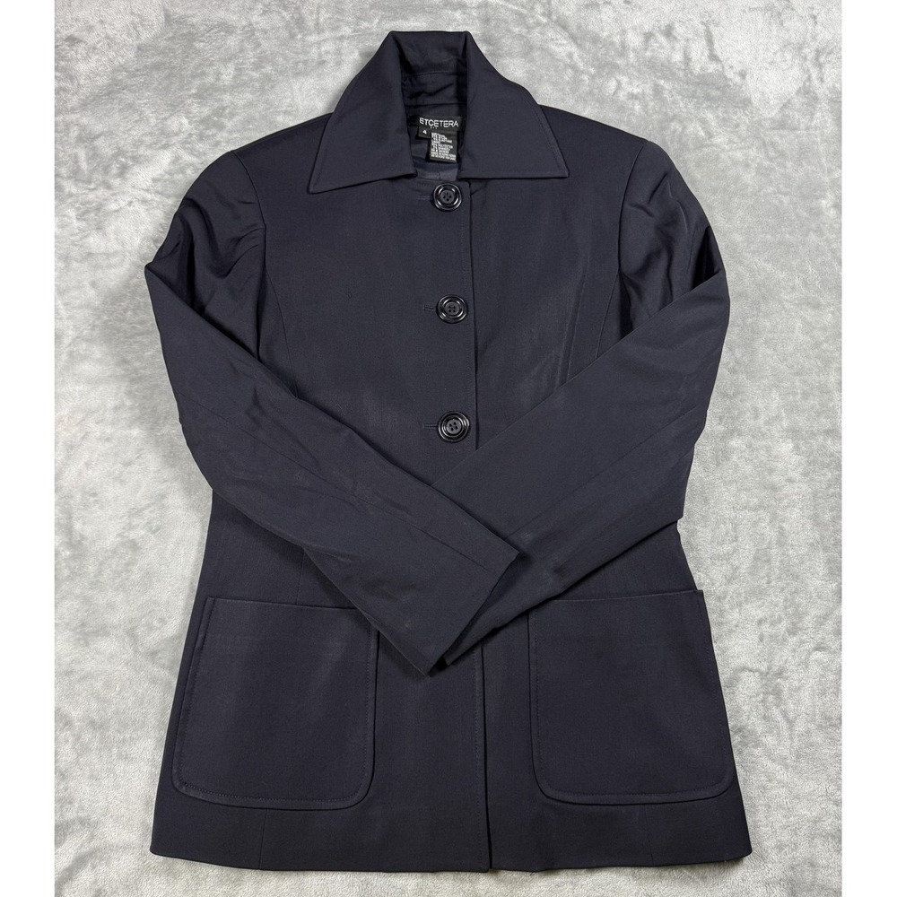 Etcetera Blazer Womens 4 Navy Wool Blend 4 Button Patch Pockets Lined Stretch